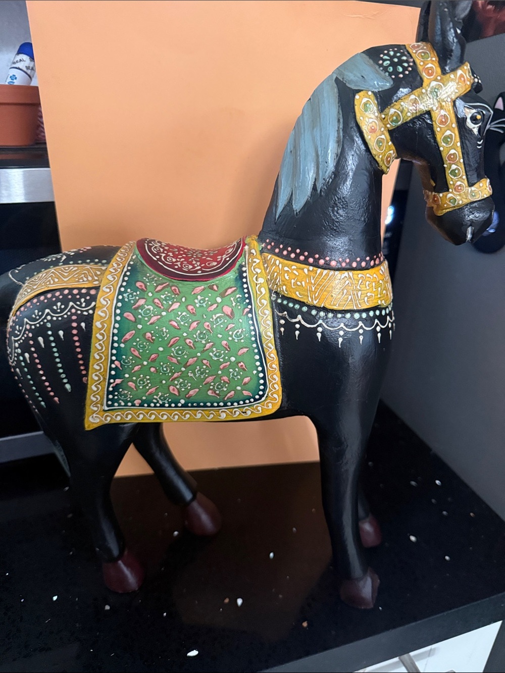 Hand-Painted Black Decorative Horse Figurine with Green Saddle 15”x13”